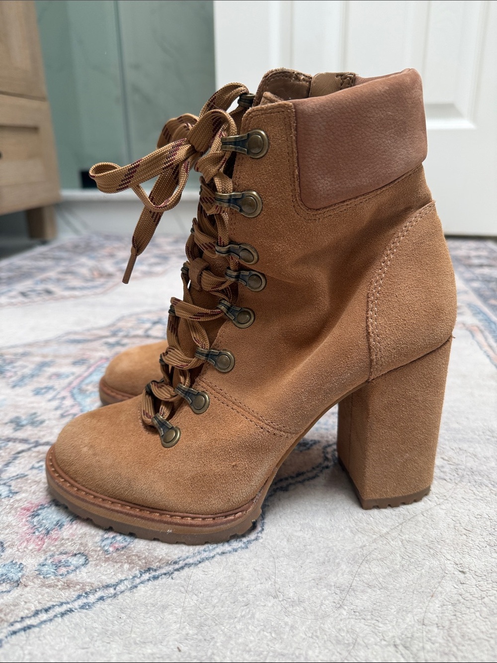 Gianni Bini Suede Lace-Up Block Heel Booties - Brown